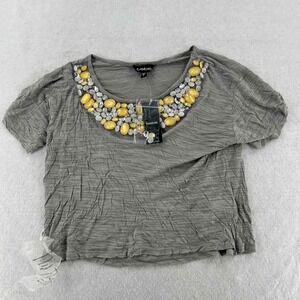 NWT Bebe Sport Women's Short Sleeve Crop Top Gray Round-neck Rhinestone Sz M